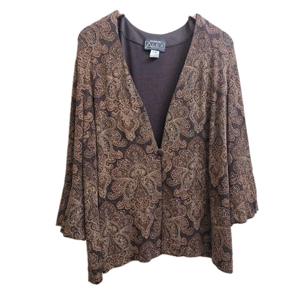 Vtg 90s Alex Evenings Women's Dressy Jacket Top Size 3X Paisley Gold Brown Retro